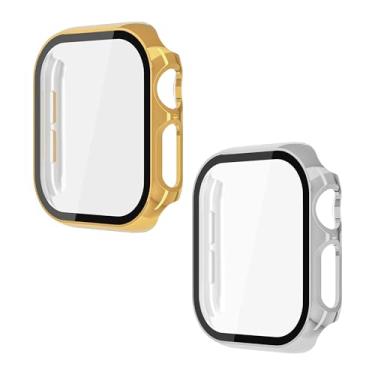 Imagem de XFEN Pacote com 2 capas com protetor de tela de vidro temperado para Apple Watch Series 10 de 46 mm, toque suave, alta proteção, proteção de tela completa, fácil instalação, dourado e prata