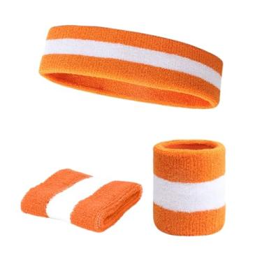 Imagem de hhdatc Conjunto de faixa de transpiração listrada – 1 faixa de cabeça e 3 pulseiras de tecido felpudo absorvente de umidade faixas esportivas para fantasias, cosplay e atletismo