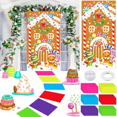 Imagem de Poen Conjunto de 31 peças de capa de porta de pão de gengibre de Natal decoração de porta de casa de gengibre com 30 peças de adesivos coloridos de PVC para decoração de Natal, decoração de festa de