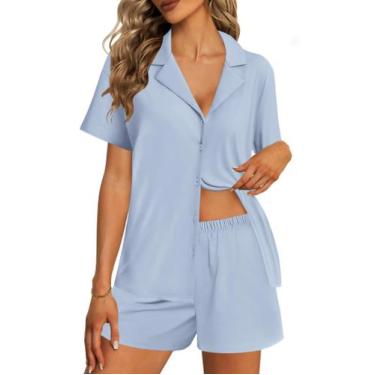 Imagem de Conjunto de pijama feminino Ekouaer de algodão de manga curta azul cla