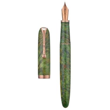 Imagem de HONG DIAN Caneta-tinteiro A10 de madeira estabilizada, ponta extrafina, entalhe em nó chinês, caneta artesanal com tampa magnética e conjunto de caixa de metal (verde grama)