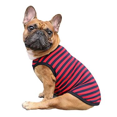 Imagem de iChoue Camiseta listrada 100% algodão respirável bulldog inglês roupas para cães médios regatas francês pug Boston terrier Pitbull vermelho azul listras - GG