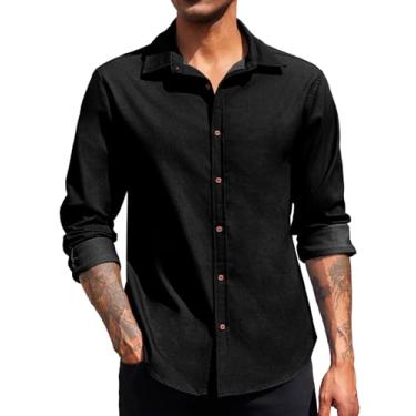 Imagem de Runcati Camisa masculina de botão, manga comprida, casual, negócios, modelagem regular, jeans, Preto, G