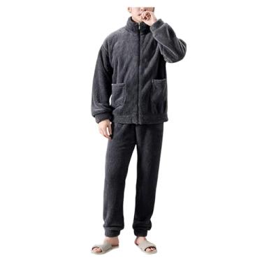 Imagem de Conjunto de pijama masculino de flanela de cor sólida, conjunto de pijama com zíper, conjunto de 2 peças, Cinza, G