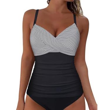 Imagem de Firpearl Tanquíni com aro para mulheres, gola V torcida, top de natação para controle de barriga grande, apenas tops, Listras pretas e brancas, 12