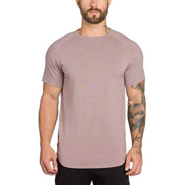 Imagem de BAFlo Camiseta esportiva masculina de cor sólida em branco longa respirável masculina moderna slim fit verão fitness manga curta, rosa, GG
