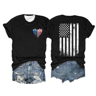 Imagem de Camiseta feminina com bandeira americana tartaruga marinha patriótica 4 de julho blusa listras estrela vermelha branca azul, Preto, G