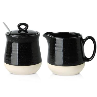 Imagem de Hasense Conjunto de açúcar e creme, conjunto de 3 peças de porcelana para servir café com jarra de creme, açucareiro, tampa e colher, recipiente de creme de 290 ml e pote de açúcar, decoração de