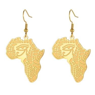Imagem de Brincos femininos de mapa da África Olho de Hórus em aço inoxidável, contorno do mapa da África com símbolos egípcios, brinco com pingente de orelha étnica, Aço inoxidável, Sem pedra preciosa