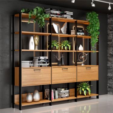 Imagem de Conjunto 3 Estantes com Porta Basculante 73x185cm Freijó Preto Fosco Pradel