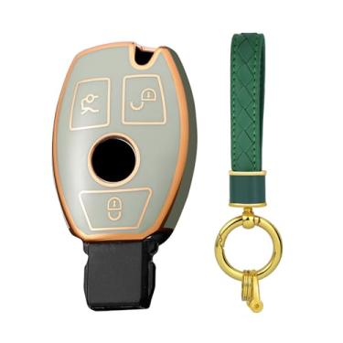 Imagem de HIBEYO Capa de chaveiro de couro com 3 botões compatível com Mercedes Benz CLS CLA CLK GL R SLK AMG A B C S E G M Class Accessories Smart Remote Auto Key Shell Cover-Verde