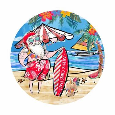 Imagem de Painel de Tecido Sublimado Redondo Natal Papai Noel na Praia Verão Tro