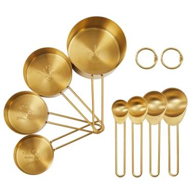 Imagem de Conjunto de copos e colheres de medição de aço inoxidável para cozinha, colher de sopa de colheres de chá, colheres medidoras, 8 peças de copos medidores dourados para utensílios essenciais de cozinha