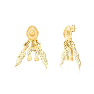 Imagem de Brinco Chapéu com Penas e Ferradura Revestido em Ouro - VL ACCESSOIRES