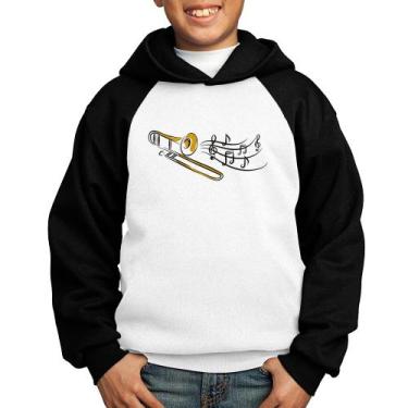 Imagem de Moletom Infantil Trombone Notas Musicais - Foca na Moda, Branco, Preto
