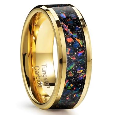 Imagem de Zillaly Anel masculino de tungstênio dourado, aliança de casamento, incrustada com opala de estrela, bisel brilhante, ajuste confortável tamanho 7-14, vem com uma linda caixa, Carboneto de tungstênio,