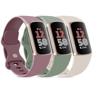 Imagem de Pacote com 3 pulseiras esportivas para Fitbit Charge 6/Charge 5, femininas e masculinas, de silicone macio, impermeável, ajustáveis para Fitbit Charge 5/Charge 6 (violeta moke+ verde + luz das