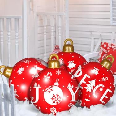 Imagem de 4 peças de enfeites de bola infláveis decorados de Natal de 60 cm grande PVC bola de Natal inflável gigante ornamentos de bola de Natal decorações de Natal quintal ao ar livre para piscina de jardim (paz, alegria)