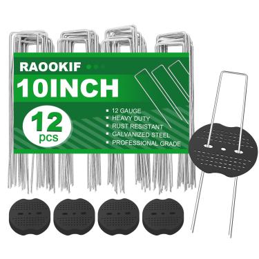 Imagem de RAOOKIF Grampos de paisagem galvanizados de 25 cm (12 peças) + juntas tampão (12 peças), estacas de jardim de metal calibre 11, pinos de gramado em forma de U, estacas de solo resistentes para