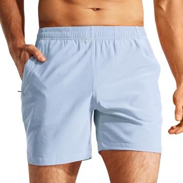 Imagem de Shorts esportivos masculinos de 5 polegadas com bolsos com zíper, shorts de corrida para treino de academia Dry Fit, cintura elástica, azul claro, L