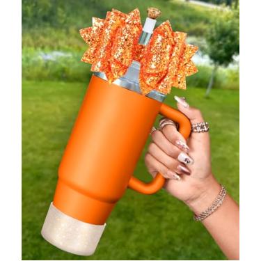 Imagem de Toykee Bota de copo com capa de canudo para Stanley 40 850 g - Topo de palha com laço laranja brilhante e tampas de diamante com protetor inferior, conjuntos de 3 peças para acessórios de copo