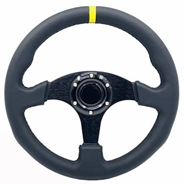 Imagem de YEHICY Volante de Corrida Estilo Corrida com Listras Amarelas de 13” Em Couro Legítimo e Estrutura de Alumínio para Simulador de Jogos Esportivos