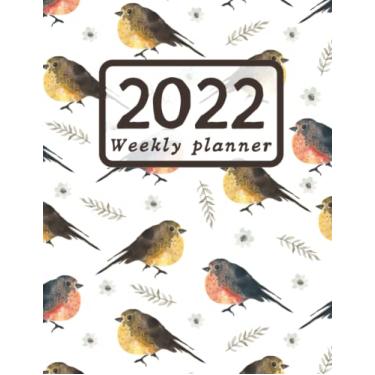 Imagem de weekly planner 2022, two pages per week, large 8,5" X 11", soft cover with a pattern of sparrows, plan ahead calendar notebook for productivity and time management