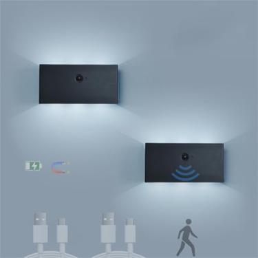 Imagem de Luminária de parede interna LED sem fio com sensor de movimento, arandelas de parede USB recarregáveis, alimentadas por bateria, iluminação noturna magnética para loft, escada, sala de estar