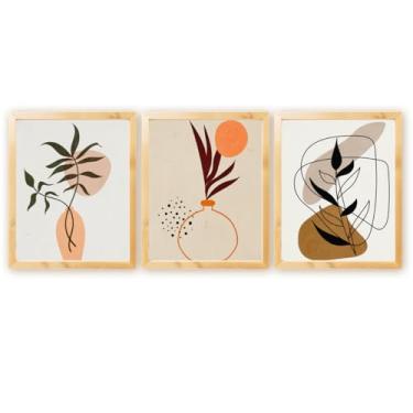 Imagem de Kit 3 Quadros Decorativos Abastrato Folhagem Natureza Plantas Boho c/Moldura Natural 30x40cm (Kit 03)