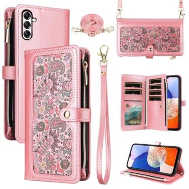 Imagem de Dswteny Capa carteira floral para Samsung Galaxy S24 FE 5G com alça de pulso, alça de ombro, bolsa com zíper, suporte para cartão de crédito, acessórios para celular para S 24 EF S24FE 24S feminino