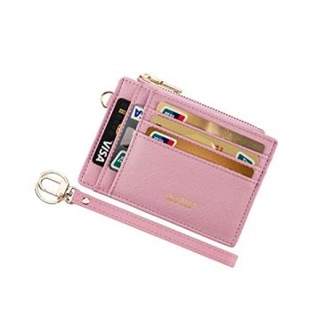 Imagem de Capa feminina fina com bloqueio de RFID para cartão de crédito, carteira com zíper para identidade, carteira pequena e compacta de couro, porta-moedas com chaveiro, rosa, Carteira pequena moderna