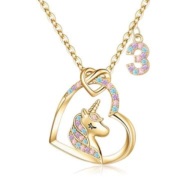 Imagem de Hidepoo Presentes de unicórnio de aniversário para meninas – Colar de unicórnio banhado a ouro 14 K, presentes de aniversário para meninas de 3 a 16 anos, colar de unicórnio com pingente de coração de zircônia cúbica colorido para meninas, joias de presente, Metal, Zircônia cúbica