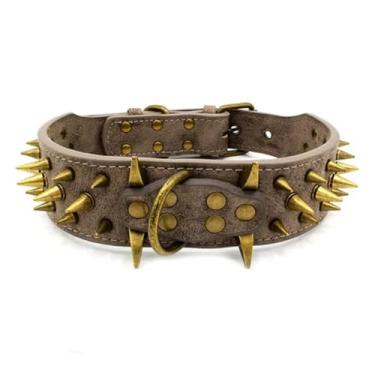 Imagem de Coleiras antimordidas para cães com rebite de 5 cm de largura, coleira de couro PU, colar Pitbull, coleira de cachorro grande para pastor alemão mastim rottweiler (cinza, G (66 x 5 cm))