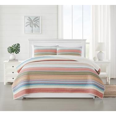 Imagem de Oceanfront Resort Palm Beach Conjunto de colcha King listrada de fio tingido com 3 peças, tema costeiro e náutico, confiança certificada Oeko-TEX