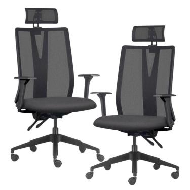 Imagem de Kit 2 Cadeiras Escritório Giratória Presidente Flow F02 Base Preta Linho Grafite - Lyam Decor