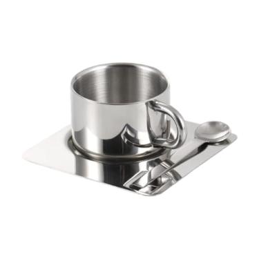 Imagem de YWJLQH Colher de xícara de café e pires de pires caneca de café aço inoxidável xícara de chá para acampar