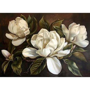 Imagem de Pintura artística de diamante 5D, flores de magnólia branca, kit de pintura de diamante por número, para adultos, contas quadradas, mosaico, ponto cruz para decoração de parede, 51 x 40 cm