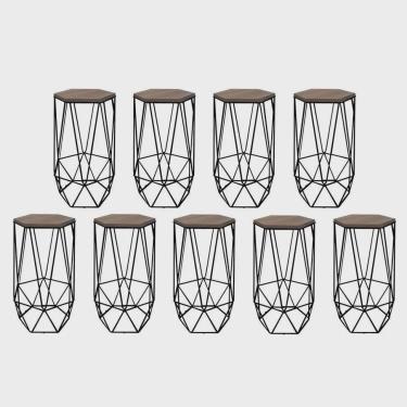 Imagem de Kit 09 Banqueta Alta Liz Hexágono Industrial Para Cozinha Ferro Preto mdf Madeira - Ahz Móveis