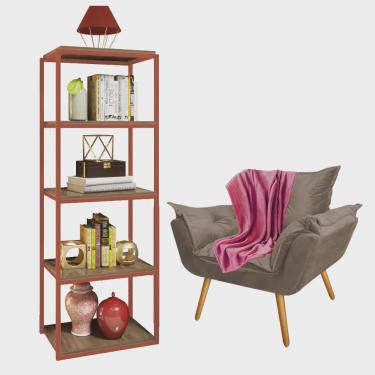 Imagem de Kit Poltrona Fatte com Manta Soft e Estante Livreiro Ferro Bronze mdf Rústico Suede Beg...