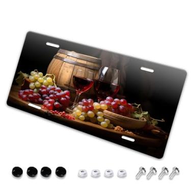 Imagem de Capa de placa de carro estilo barril de carvalho uvas para vinho - etiqueta artística de alumínio para carro, à prova de ferrugem, design exclusivo novidade - 15 x 30 cm