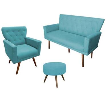 Imagem de Kit Namoradeira + 1 Poltrona Decorativa Aurora + Puff Redondo Suede Az