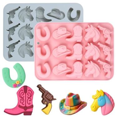 Imagem de Palksky Moldes de chocolate de caubói, pacote com 2 moldes de silicone com tema ocidental para assar, botas de cavalo de caubói, formas de sela, moldes de doces para chocolate, biscoitos de goma de