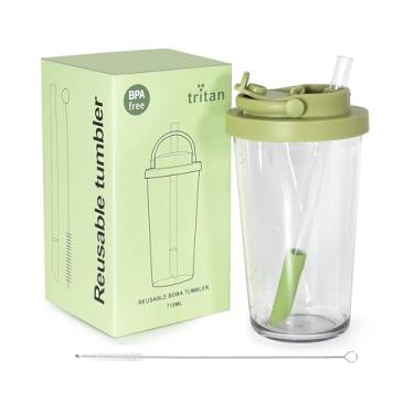 Imagem de sweet grain Copo reutilizável Boba - Xícara de café gelado Tritan de 680 g com tampa e canudo, livre de BPA, bolhas à prova de vazamento/xícaras de chá Boba com alça de transporte - verde Matcha