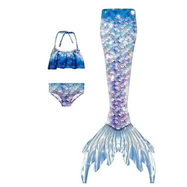 Imagem de LVTFCO Terno de baile de máscaras de sereia, top rabo de peixe e calça vestido de princesa 3 peças fantasia de cosplay de verão, azul - G