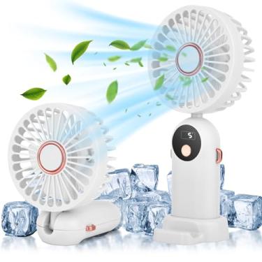 Imagem de HGNN Ventilador portátil, mini ventilador portátil branco 90 graus dobrável 5 velocidades em pé com base, ventilador de pescoço operado por bateria com cordão, ventilador recarregável por USB para