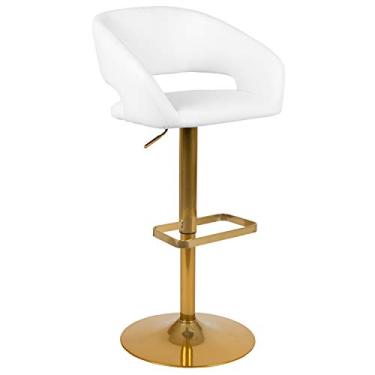 Imagem de Flash Furniture Erik Banqueta de bar contemporânea confortável e elegante com encosto arredondado no meio das costas e apoio para os pés, altura ajustável - vinil branco com base dourada