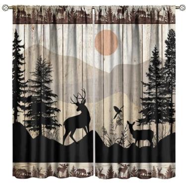 Imagem de JanJCurt Cortinas rústicas para casa de fazenda, retro, porta de celeiro de madeira, animais selvagens, cervos, floresta, coníferas, árvores nebulosas, cortinas de janela para cozinha, sala de estar