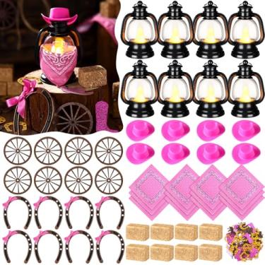 Imagem de Arrowbash 73 peças de mini chapéus de caubói para decoração de festa ocidental, conjunto de lanternas, bandanas, ferraduras, carroça, fardos de feno com glitter, confetes para adultos, casa de