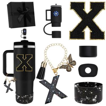 Imagem de Miglaja Acessórios pretos para copos Stanley 850.5 g 1,134.0 g, todos os acessórios caixa de presente contêm topo de palha de flor, bota de silicone, adesivos de letras e pingentes, conjunto de tampa