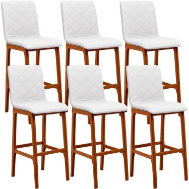 Imagem de Kit 06 Banquetas Altas Zoe B04 Estrutura Madeira Assento Estofado Plástico Branco Lyam Decor
